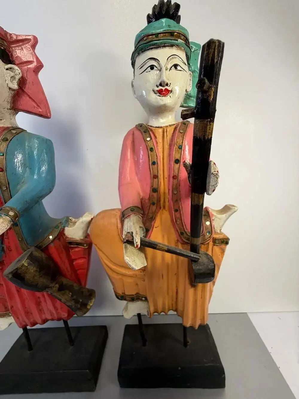 Set of Two Vintage Carved Wood Thai Musicians Sculptures on Stand